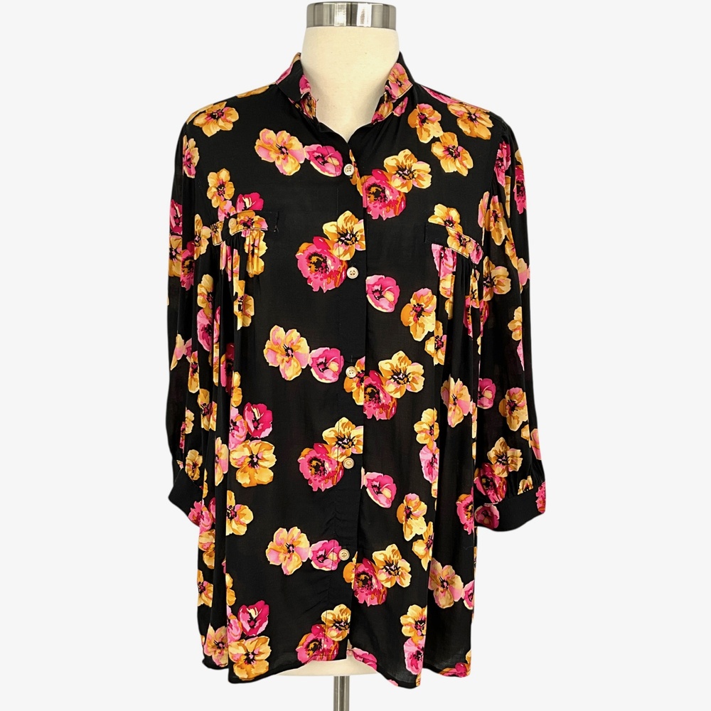 SMYTHE Shirred Pocket Blouse Womens Medium Black Floral Long Sleeve Viscose